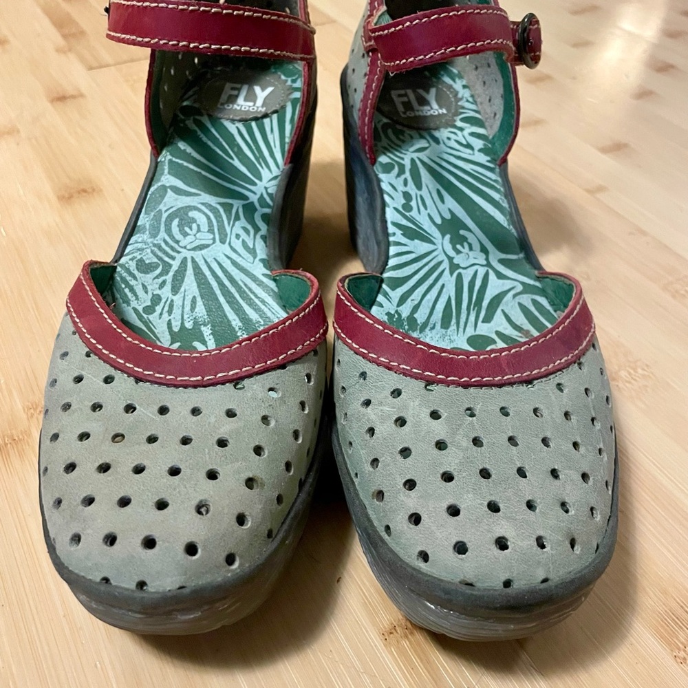 Fly London Olive and Burgundy Perforated Mary Jane Shoes